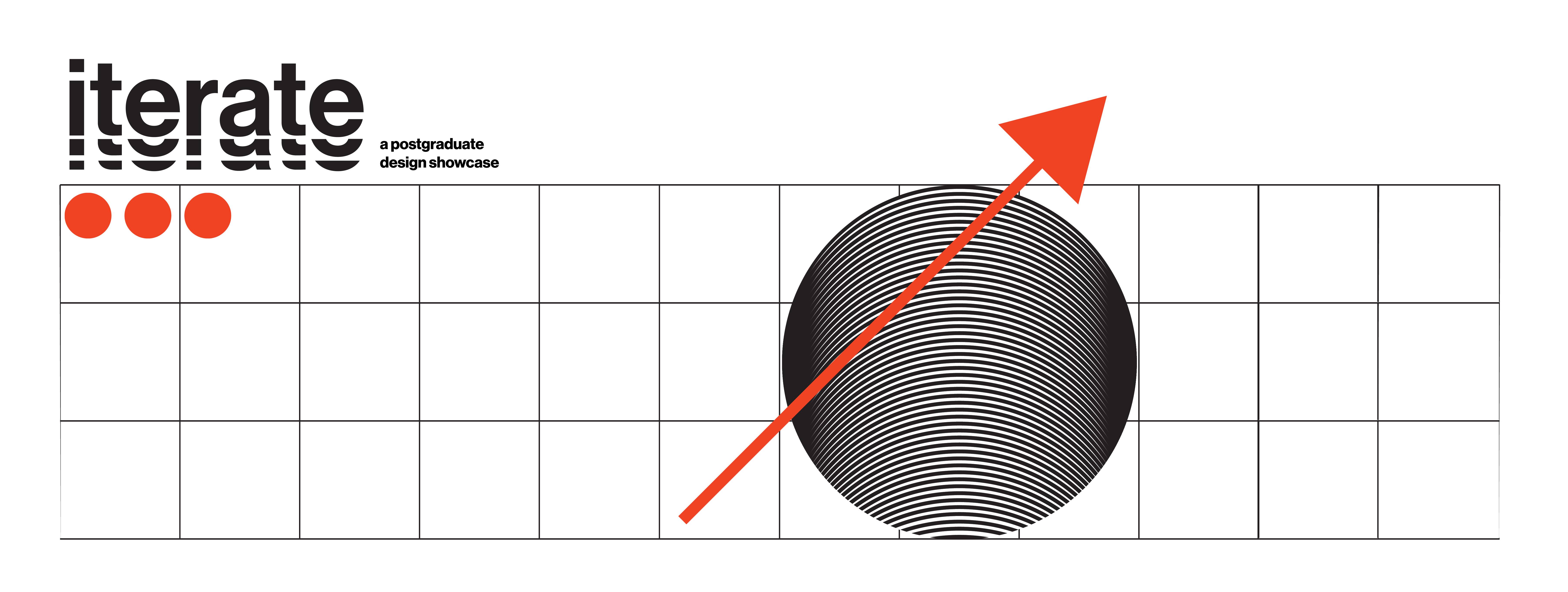 Iterate wide horizontal banner with grid, logotype and abstract sphere