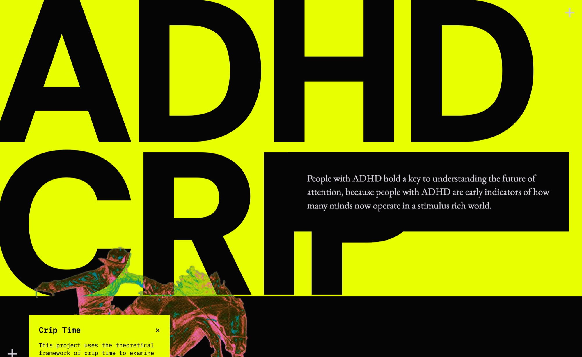 The ADHD CRIP slab — black display type on acid yellow, with the early-indicator claim beneath it