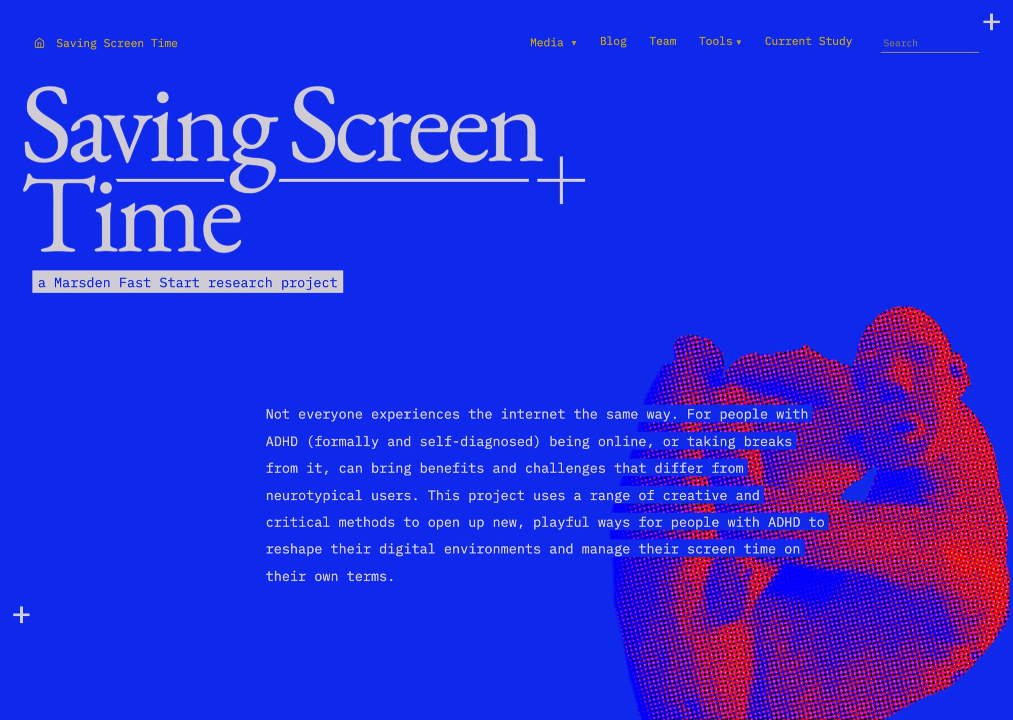 The Saving Screen Time homepage — mono strapline, serif intro, registration marks at the corners