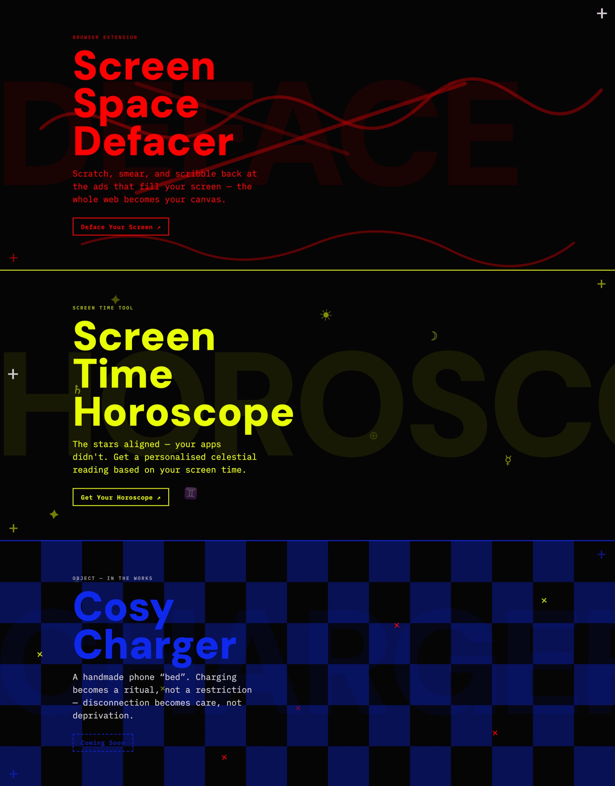 The three tool cards — Deface, Horoscope, and the Cosy Charger marked as in the works