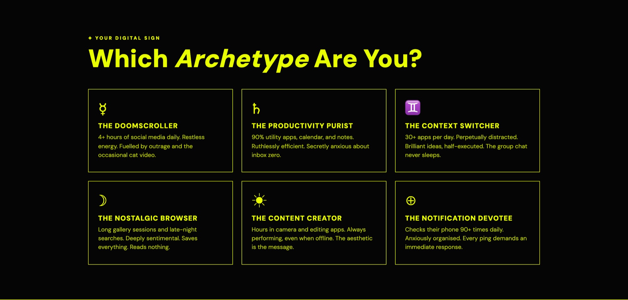 The six archetypes with their planetary glyphs