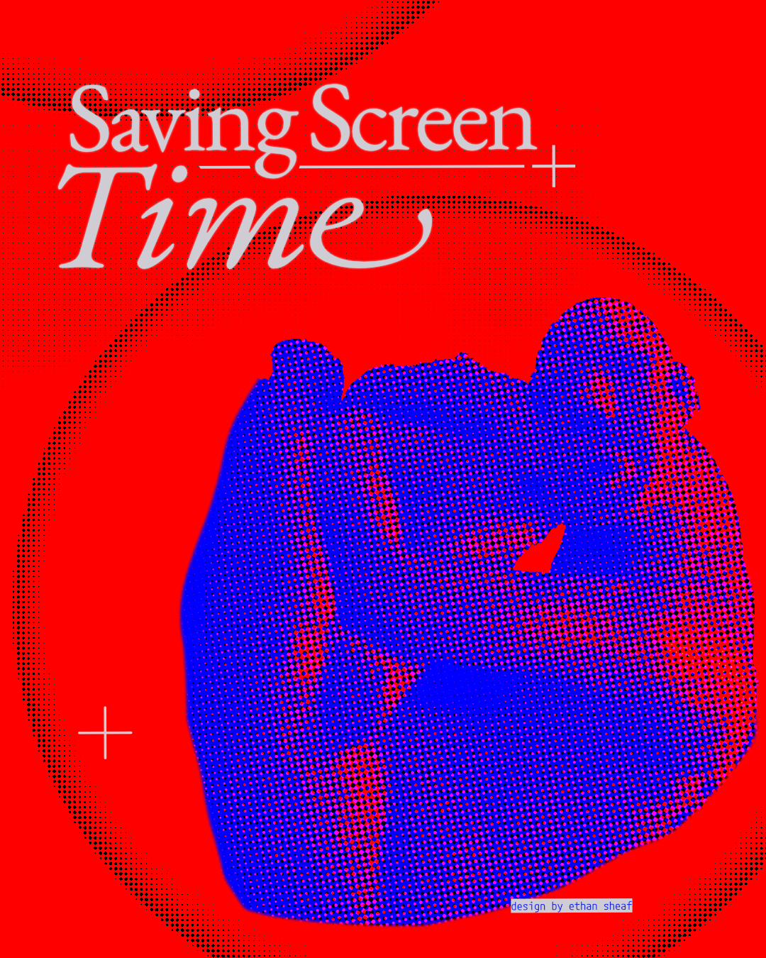 The logotype on red above a large halftoned mask form in blue