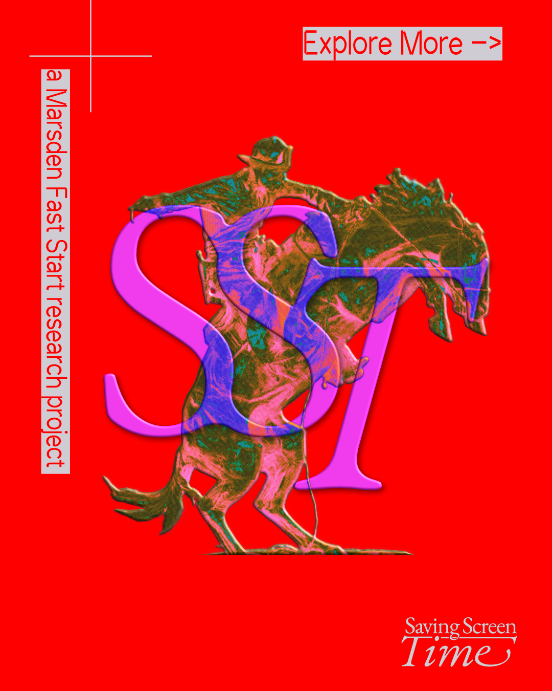 The SST monogram over a halftoned bronze rider, magenta and violet on red