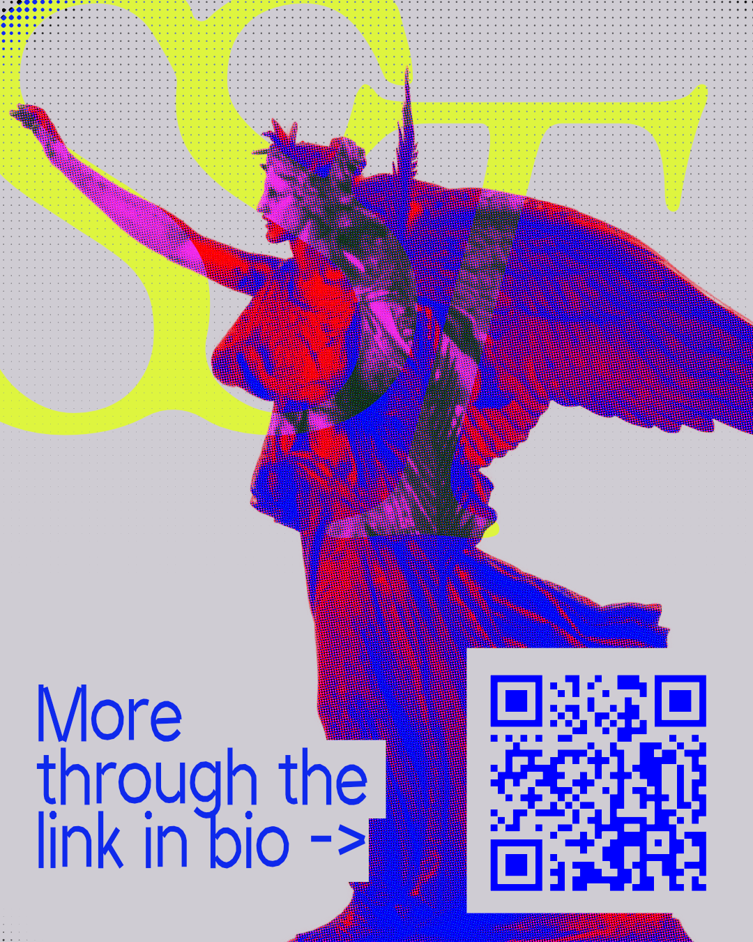 A winged Victory in red-and-blue halftone, carrying the QR code through to the study