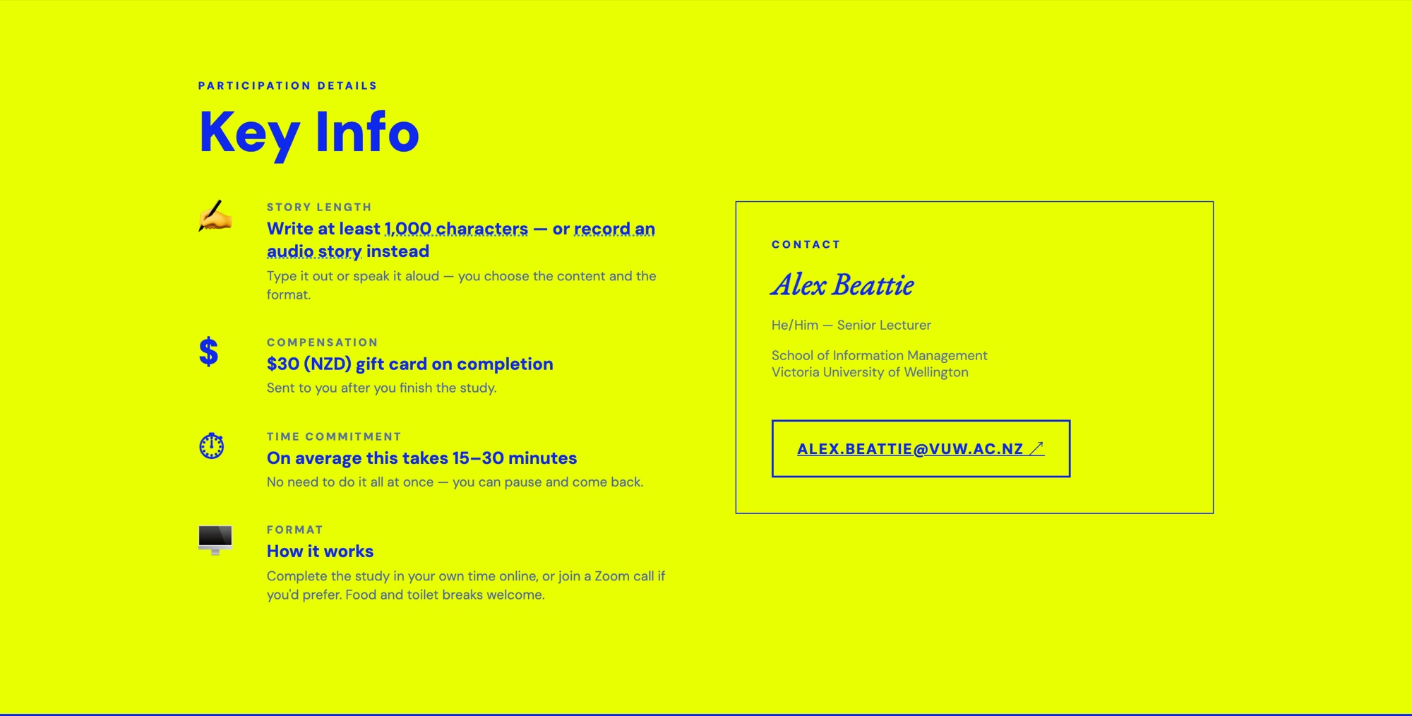 The key information panel — story length, compensation, time commitment and format, next to the researcher's contact details