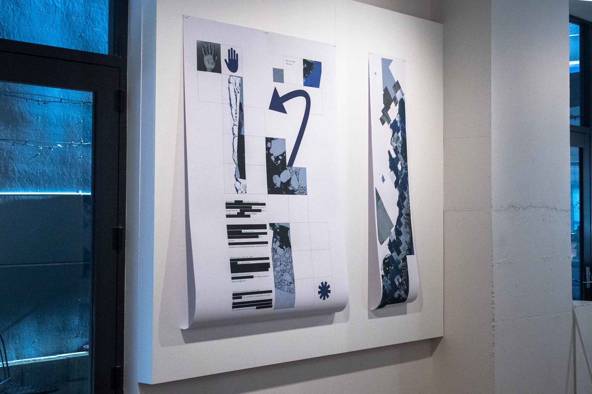 Poster pair — a hand, a returning arrow, and a plate of fractured sea ice