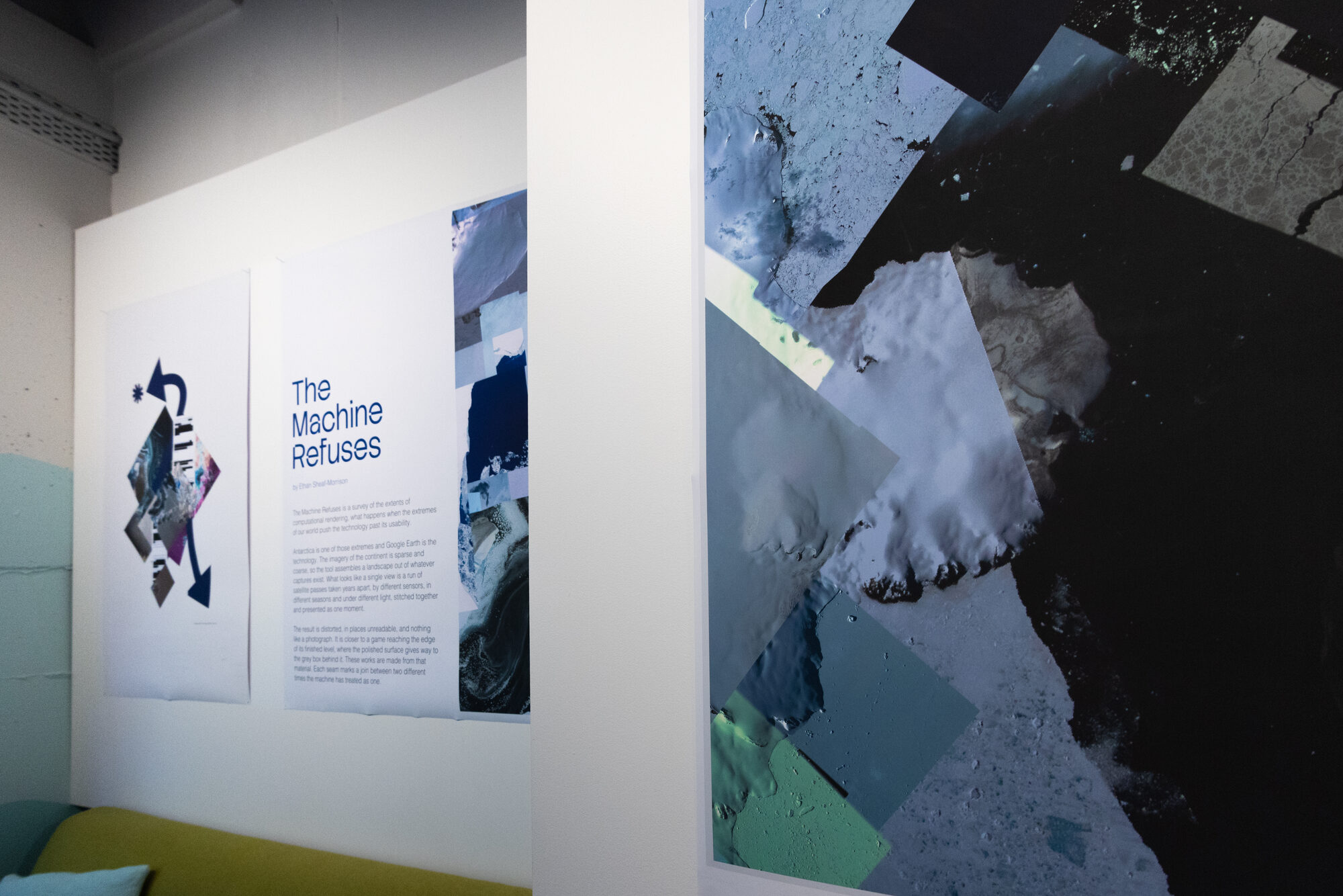 The exhibition text at close range, hung beside the ice it describes