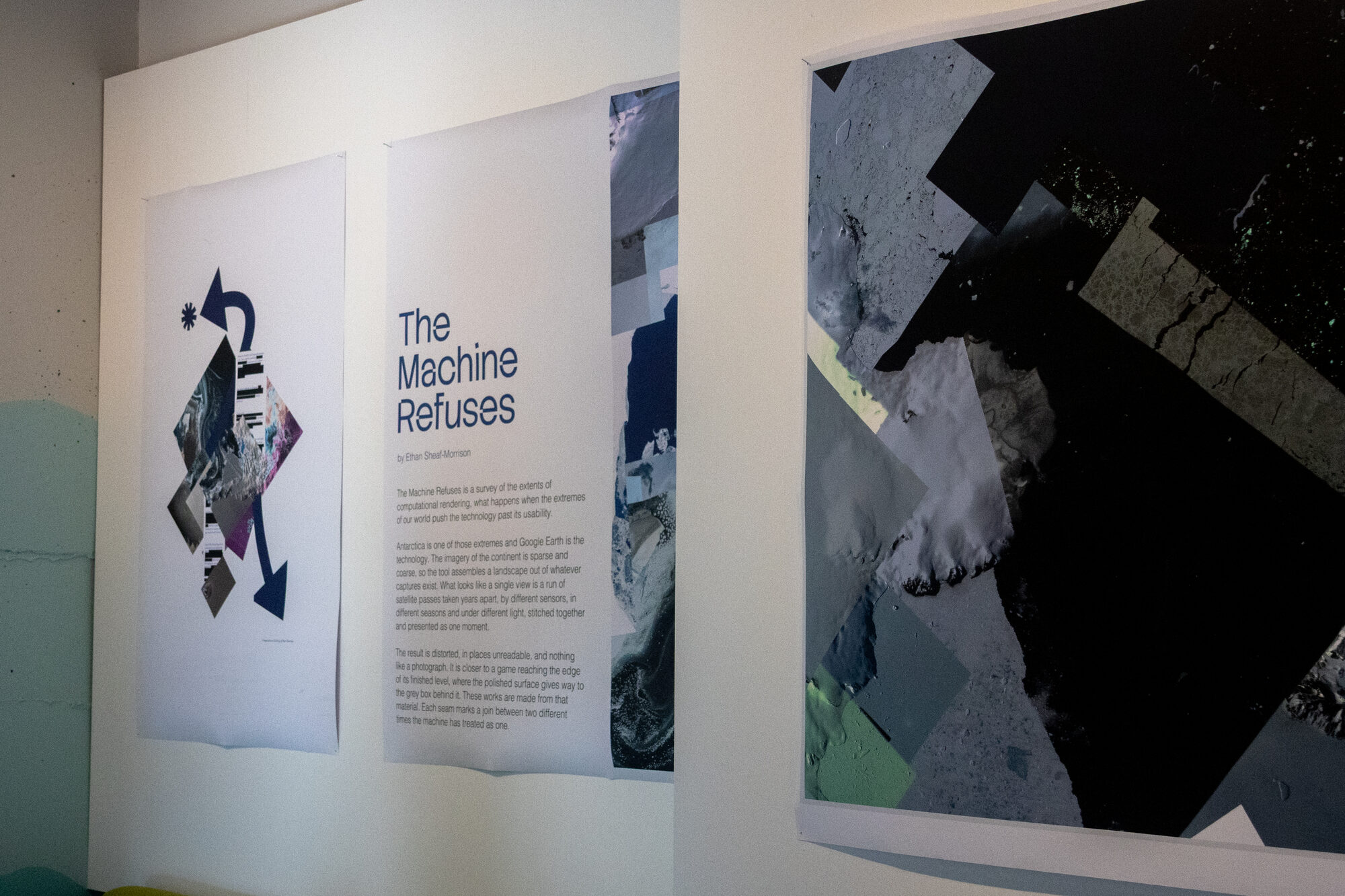 The Machine Refuses — title wall, with the exhibition text and the first large-format plate